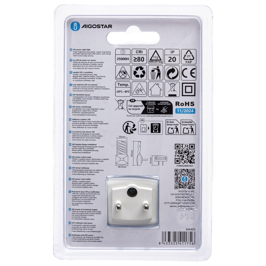 Corp de iluminat LED de veghe cu senzor crepuscular Aigostar LED/0,2W/230V 6500K