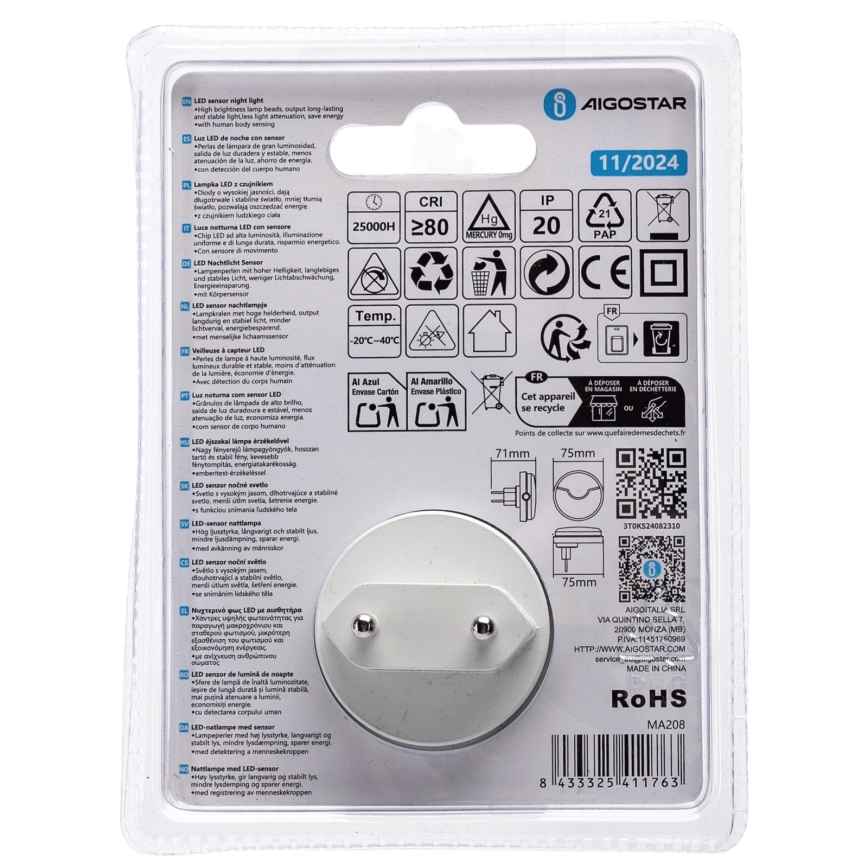 Corp de iluminat LED de veghe cu senzor crepuscular Aigostar LED/0,5W/230V 3000K