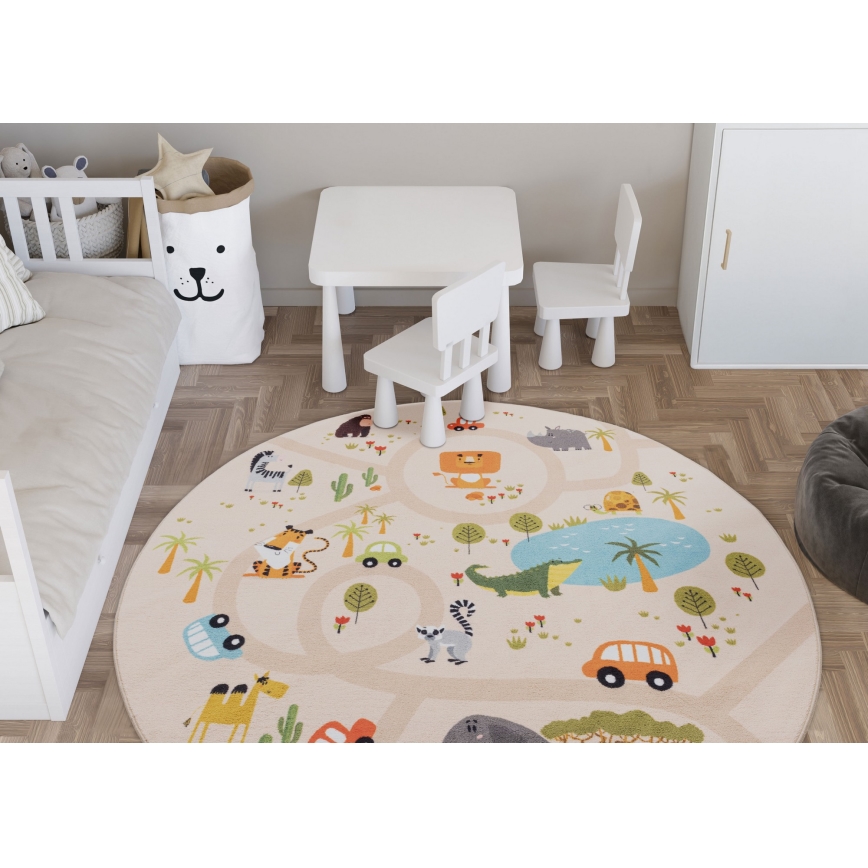 Covor antiderapant pentru copii ARES STREETS, 160 cm, bej/safari