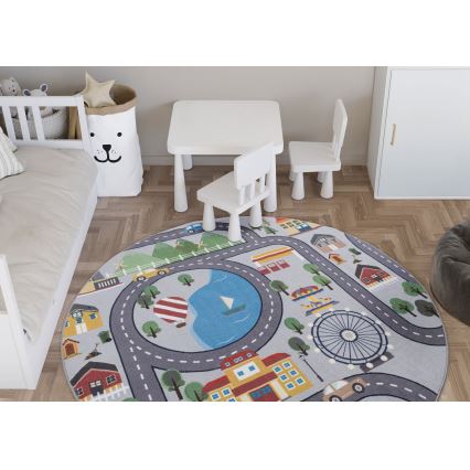 Covor antiderapant pentru copii ARES STREETS, 160 cm, gri, imprimeu cu oraș