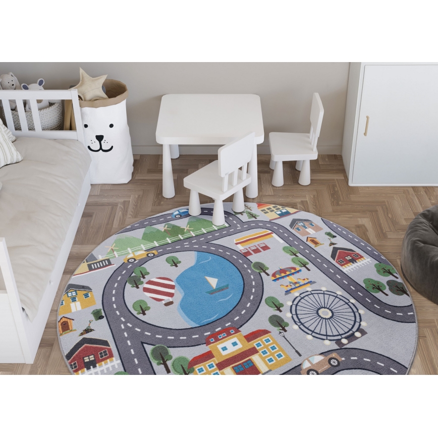 Covor antiderapant pentru copii ARES STREETS, 160 cm, gri, imprimeu cu oraș