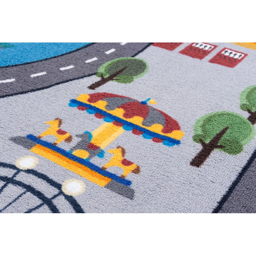 Covor antiderapant pentru copii ARES STREETS, 160 cm, gri, imprimeu cu oraș