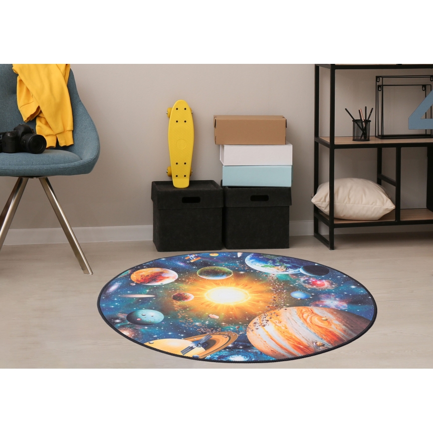 Covor antiderapant pentru copii PRINT 3D, 80 cm, cu planete, multicolor