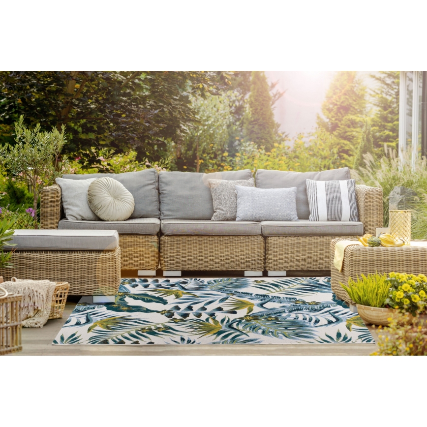Covor de exterior CAPPUCCINO 120 x 180 cm, turcoaz, imprimeu cu frunze