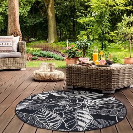 Covor de exterior JUNGLE 135 cm, negru/alb, model cu frunze