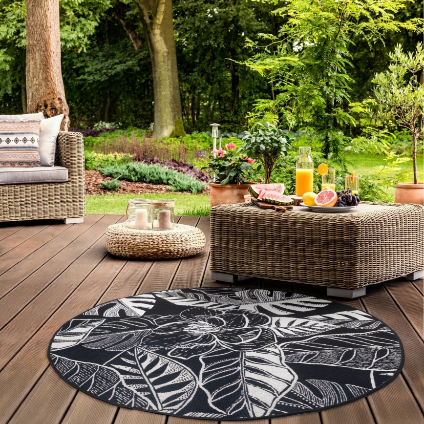 Covor de exterior JUNGLE 135 cm, negru/alb, model cu frunze