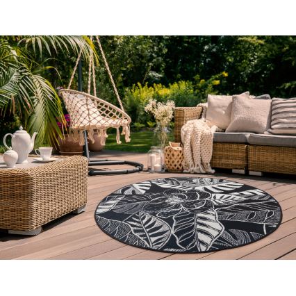 Covor de exterior JUNGLE 135 cm, negru/alb, model cu frunze