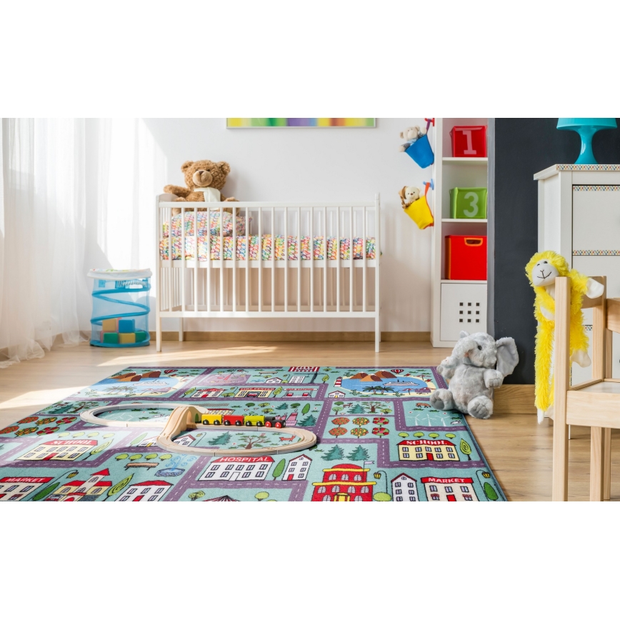 Covor pentru copii STELLA STREETS 100x150 cm turcoaz/oraș