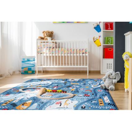 Covor pentru copii STELLA STREETS 120x170 cm, albastru cu model oraș