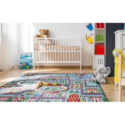 Covor pentru copii STELLA STREETS 120x170 cm, turcoaz — imprimeu oraș