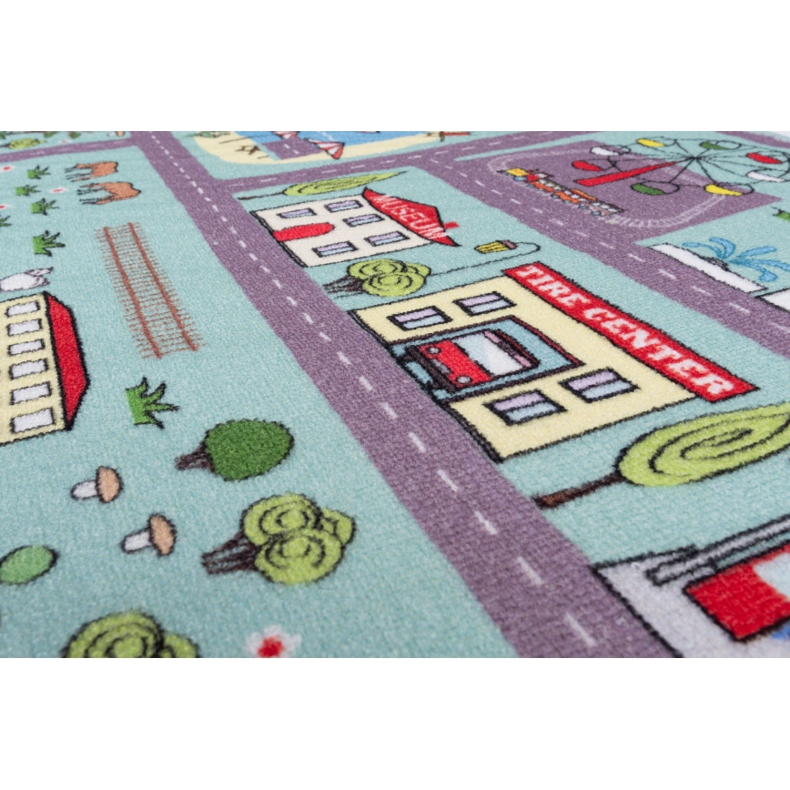 Covor pentru copii STELLA STREETS 120x170 cm, turcoaz — imprimeu oraș