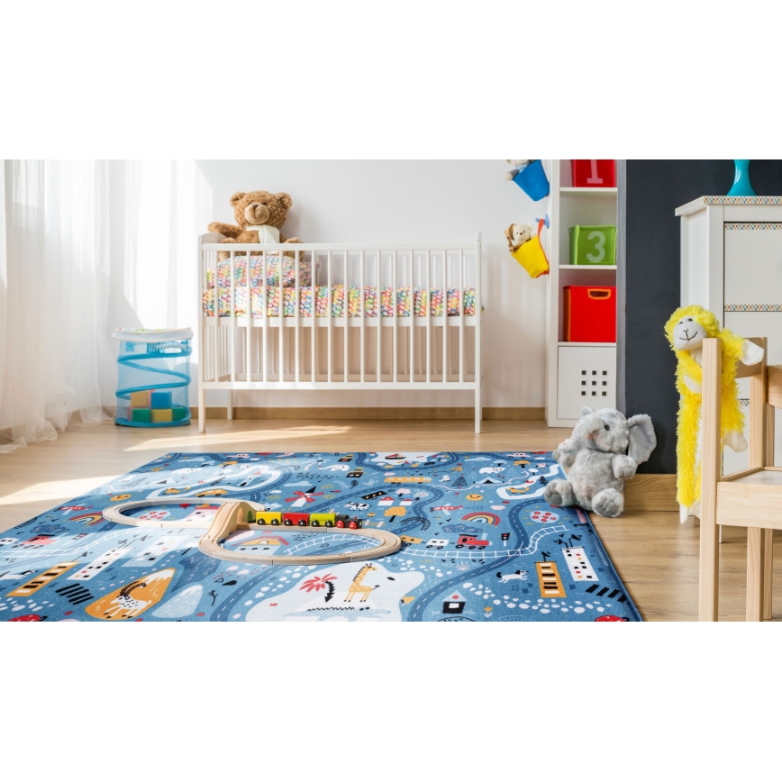 Covor pentru copii STELLA STREETS, 80 x 100 cm, albastru – model oraș
