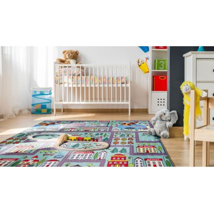 Covor pentru copii STELLA STREETS 80x100 cm turcoaz, cu imprimeu oraș