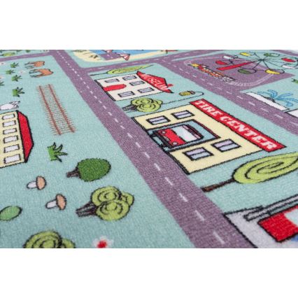 Covor pentru copii STELLA STREETS 80x100 cm turcoaz, cu imprimeu oraș