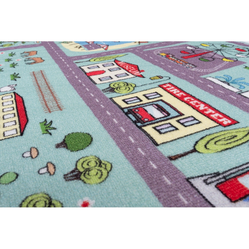 Covor pentru copii STELLA STREETS 80x100 cm turcoaz, cu imprimeu oraș