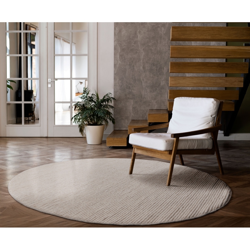 Covor rotund natural FIR WOOL, 160 cm, 2600 g/m², crem
