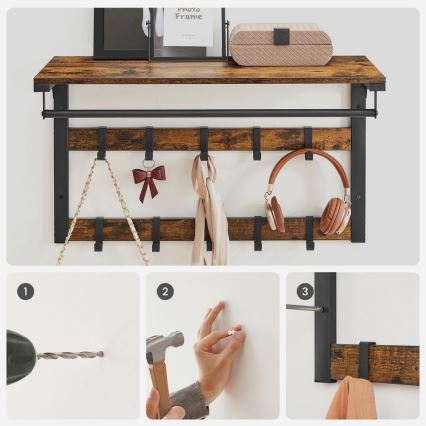 Cuier de perete cu poliță NATE, maro/negru