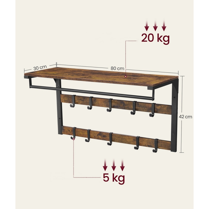 Cuier de perete cu poliță NATE, maro/negru