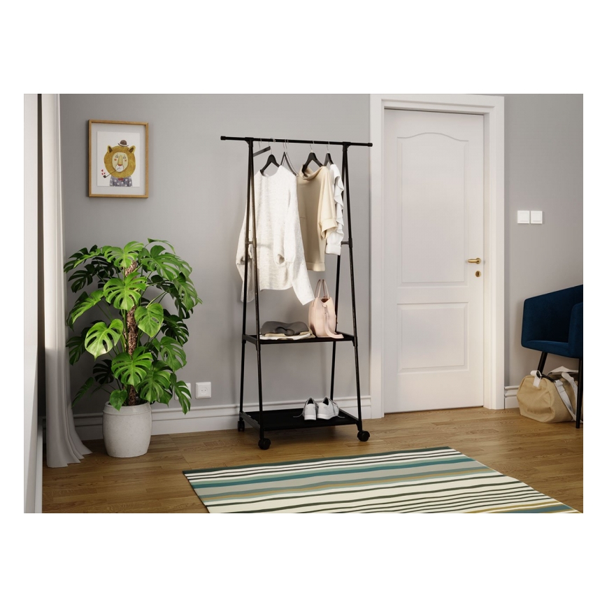 Cuier mobil metalic cu rafturi OLAZEN 157x85 cm negru