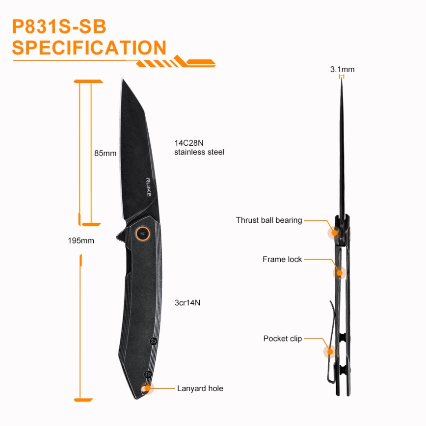 Cuțit compact pliabil Ruike RUP831SSB 19,5 cm negru