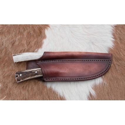 Cuțit de vânătoare de precizie din oțel de Damasc cu minifierăstrău 12 cm corn de cerb