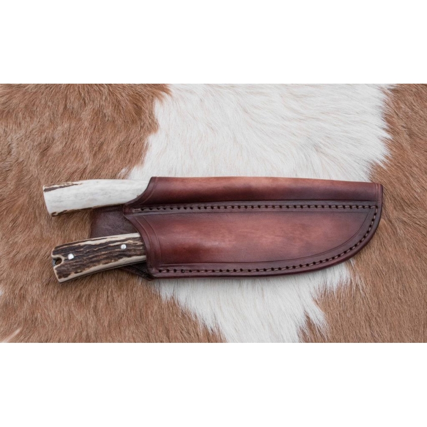 Cuțit de vânătoare de precizie din oțel de Damasc cu minifierăstrău 12 cm corn de cerb