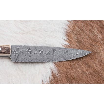 Cuțit de vânătoare de precizie din oțel de Damasc cu minifierăstrău 12 cm corn de cerb