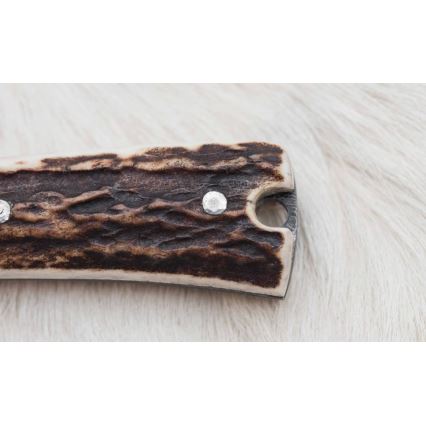 Cuțit de vânătoare de precizie din oțel de Damasc cu minifierăstrău 12 cm corn de cerb