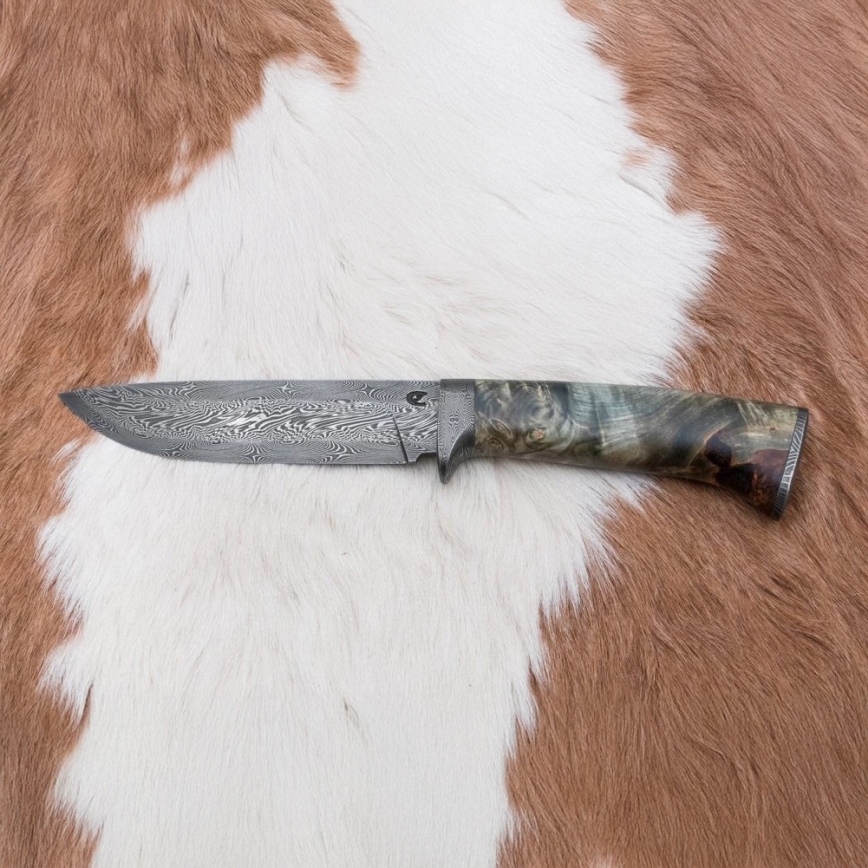 Cuțit de vânătoare din damasc, 14 cm, culoare castaniu