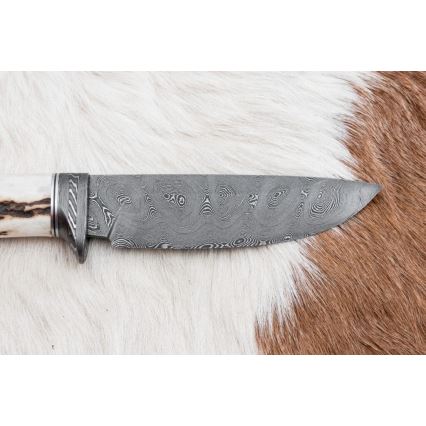 Cuțit de vânătoare din oțel de Damasc 11,8 cm nuc/corn de cerb