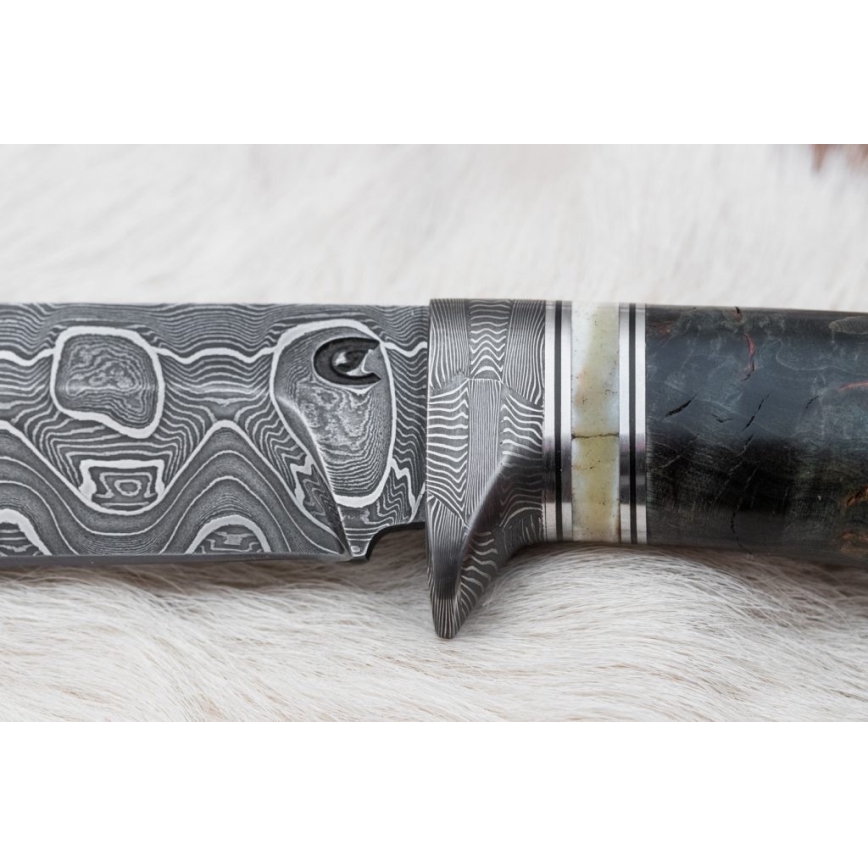 Cuțit de vânătoare din oțel de Damasc 13,8 cm mesteacăn/os de cămilă
