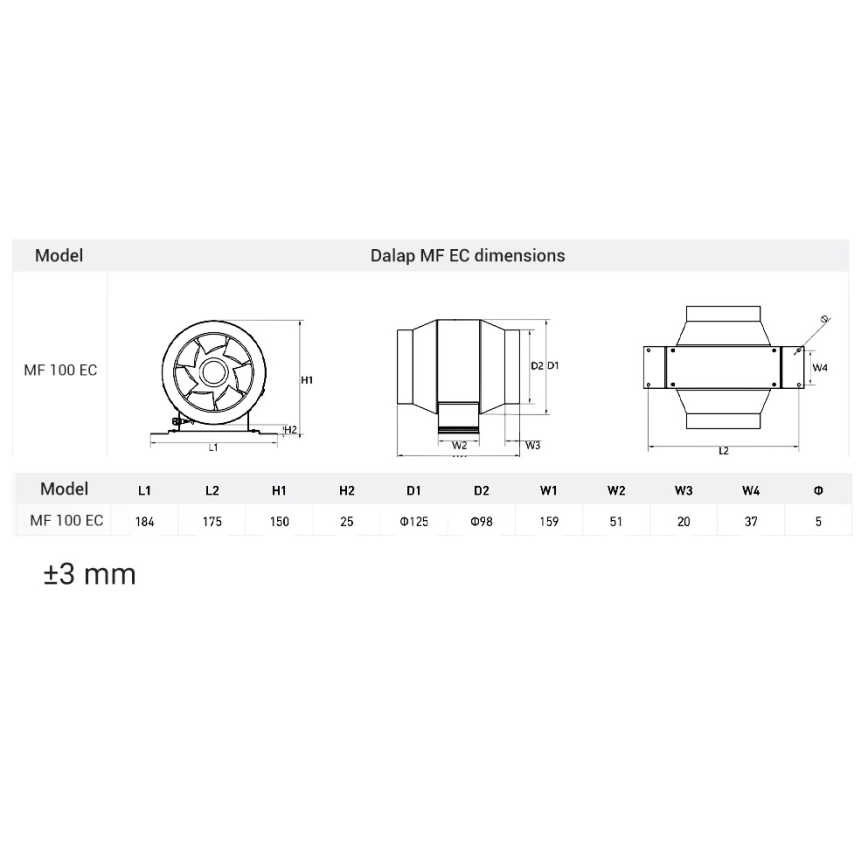 Dalap 24MF100 - Ventilator de conductă cu motor eficient din punct de vedere energetic și regulator de turații MF 100 EC 18W/230V