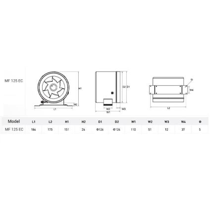 Dalap 24MF125 - Ventilator de canal cu motor eficient energetic și regulator de turații MF 125 EC 20W/230V