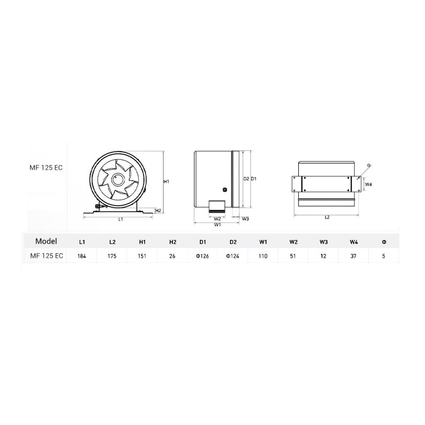 Dalap 24MF125 - Ventilator de canal cu motor eficient energetic și regulator de turații MF 125 EC 20W/230V