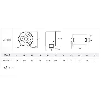 Dalap 24MF150 - Ventilator de conductă cu motor eficient din punct de vedere energetic și reglaj de viteză MF 150 EC 40W/230V