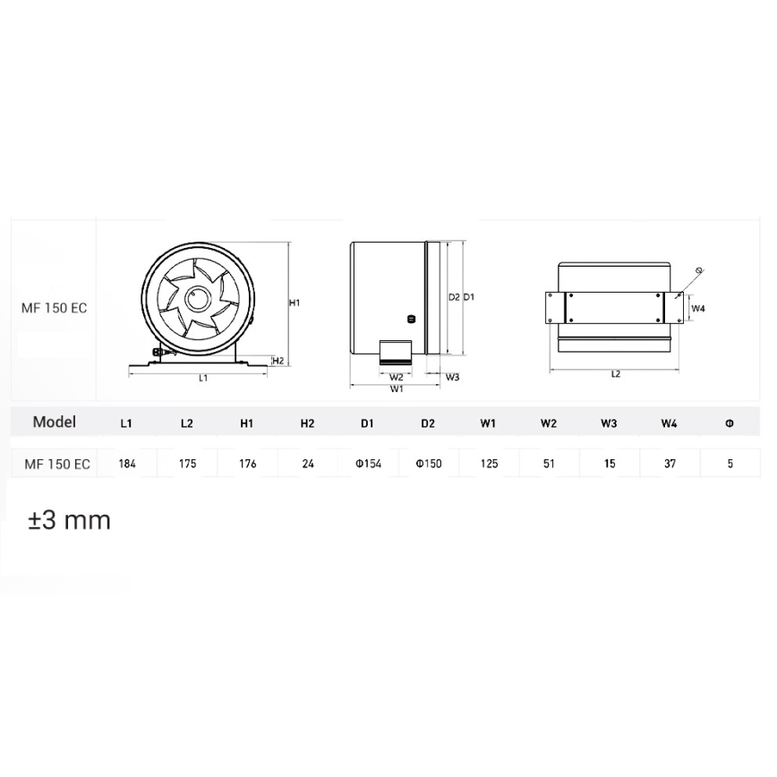 Dalap 24MF150 - Ventilator de conductă cu motor eficient din punct de vedere energetic și reglaj de viteză MF 150 EC 40W/230V