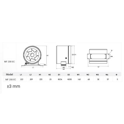 Dalap 24MF200 - Ventilator pentru tubulatură cu motor economic și regulator de turații MF 200 EC 75W/230V