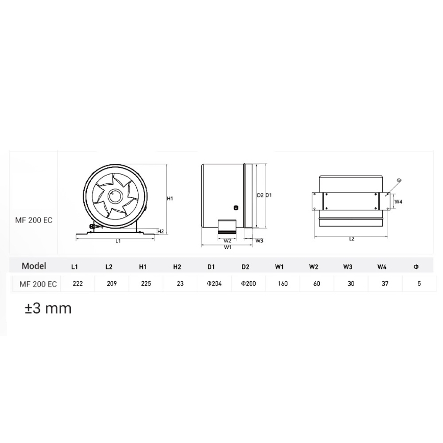Dalap 24MF200 - Ventilator pentru tubulatură cu motor economic și regulator de turații MF 200 EC 75W/230V