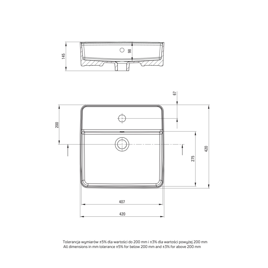 Deante CGS_6U4B - Lavoar pentru blat cu orificiu pentru baterie SQUARE 42x42 cm ceramică/ alb