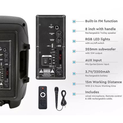 Difuzor portabil cu microfon Bluetooth 15W/3,7V LED RGB + telecomandă