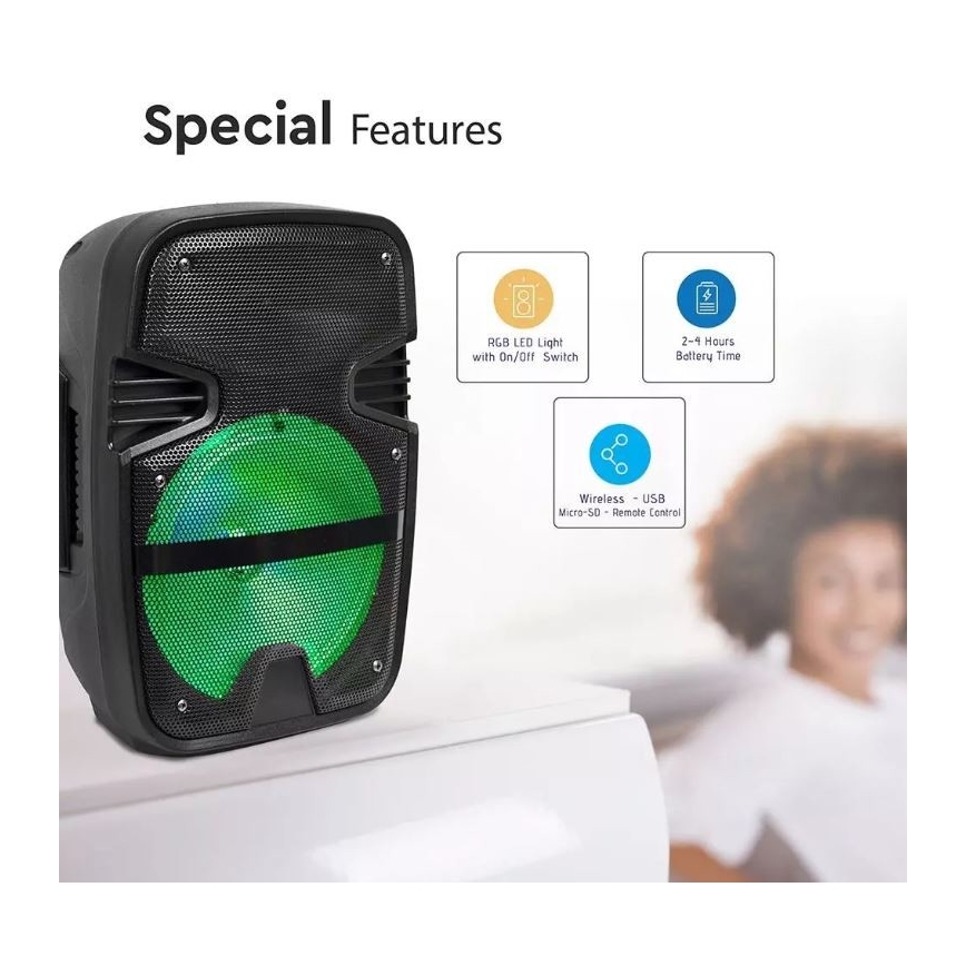 Difuzor portabil cu microfon Bluetooth 15W/3,7V LED RGB + telecomandă