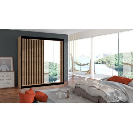 Dulap cu oglindă SANTINO 203x215 cm, stejar craft/negru