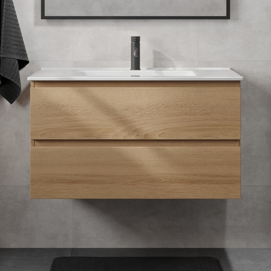 Dulap de baie cu chiuvetă KENWOOD, 91 cm, stejar/alb