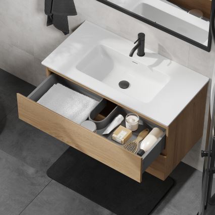 Dulap de baie cu chiuvetă KENWOOD, 91 cm, stejar/alb