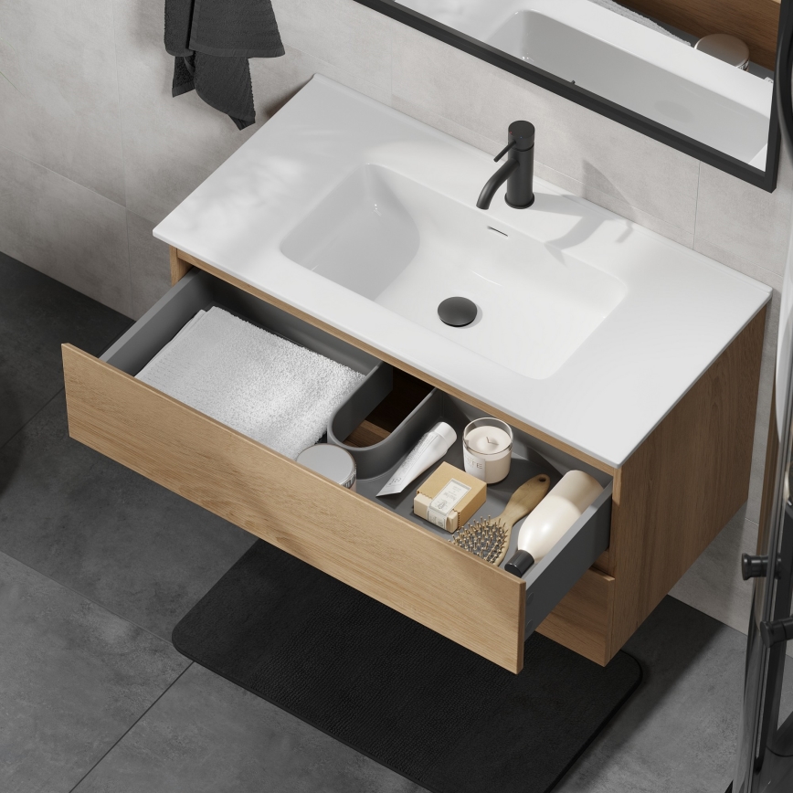 Dulap de baie cu chiuvetă KENWOOD, 91 cm, stejar/alb