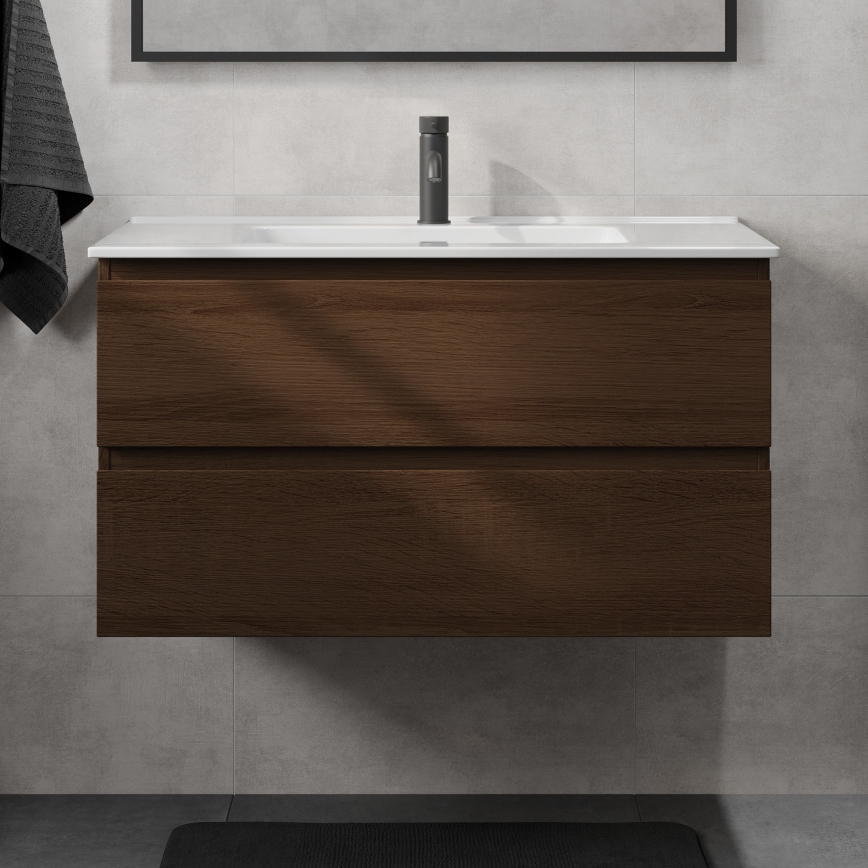 Dulap pentru baie cu lavoar KENWOOD, 91 cm, nuc/alb