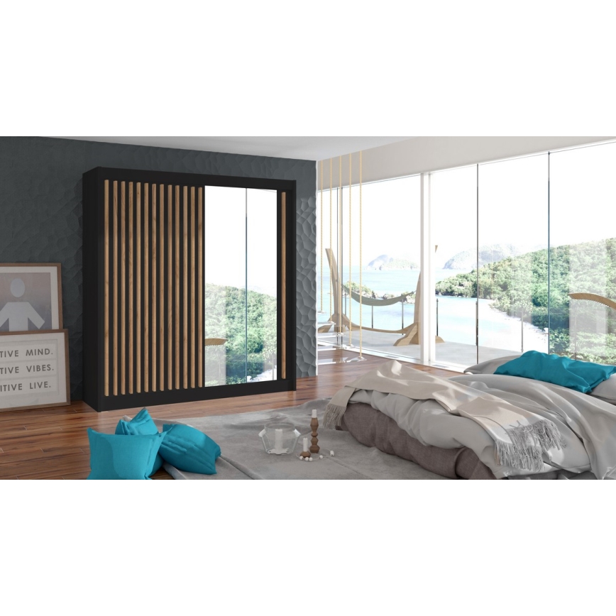 Dulap SANTINO cu oglindă, 203 x 215 cm, negru/stejar craft