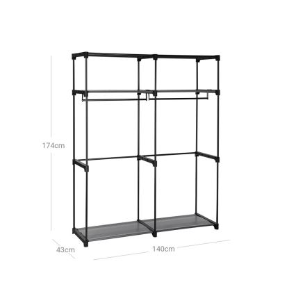 Dulap textil pentru depozitare MATIS, 140 x 174 cm, gri, cu rafturi și bară pentru umerașe