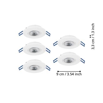 Eglo - Set de 5 spoturi LED încastrate, 4,9 W, 230 V, 2700/4000/6500 K, Ø 9 cm, alb