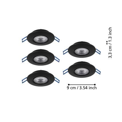 Eglo - Set 5 spoturi LED încastrate, LED 4,9W, 230V, 2700/4000/6500K, Ø 9 cm, negru